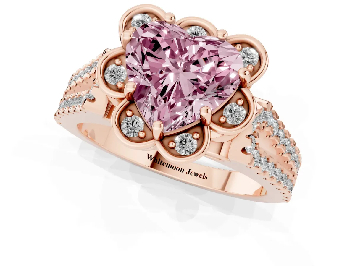 Fancy Pink Heart Cut Halo Diamond Floral Split Shank Engagement Ring Rose gold