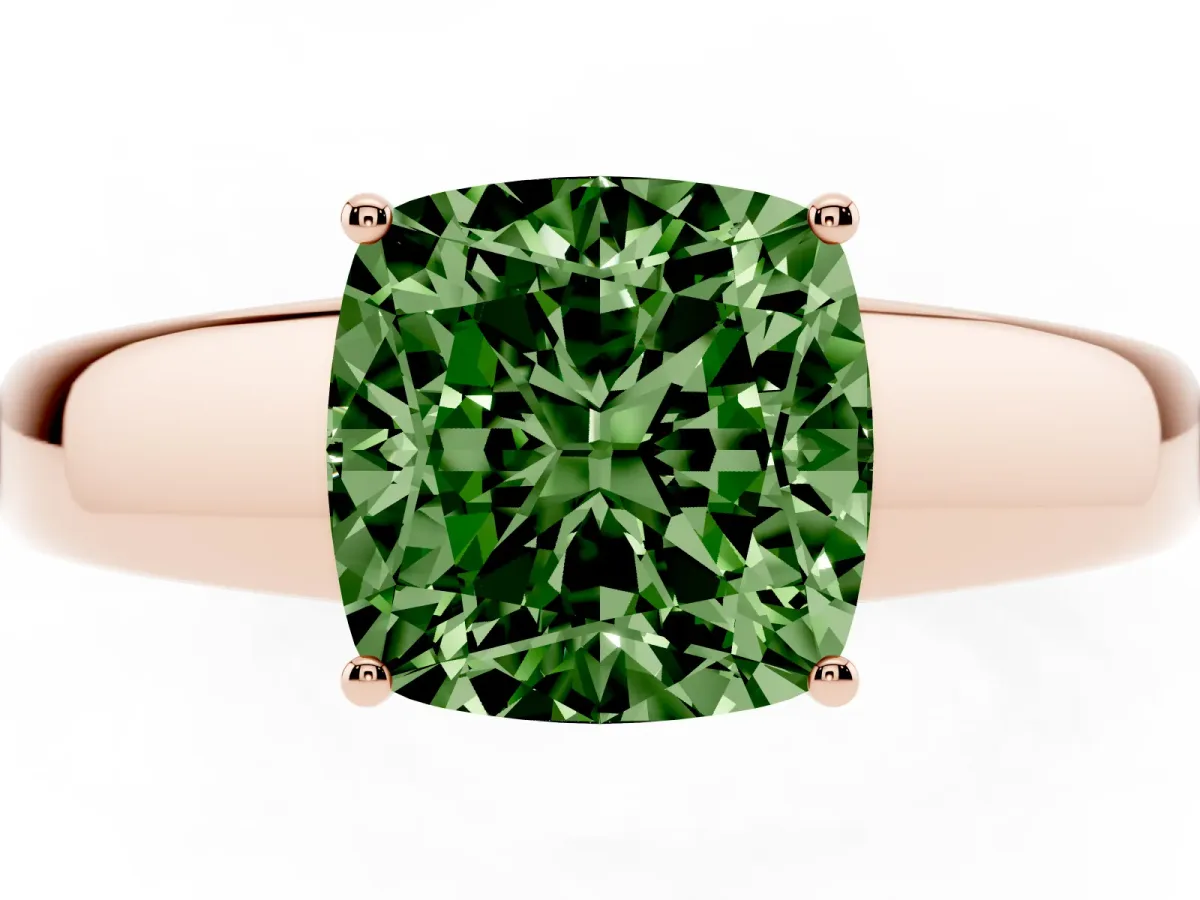 Fancy Green Cushion Cut Solitaire Diamond Ring with Tapered Band and Four-Prong Setting Rose gold