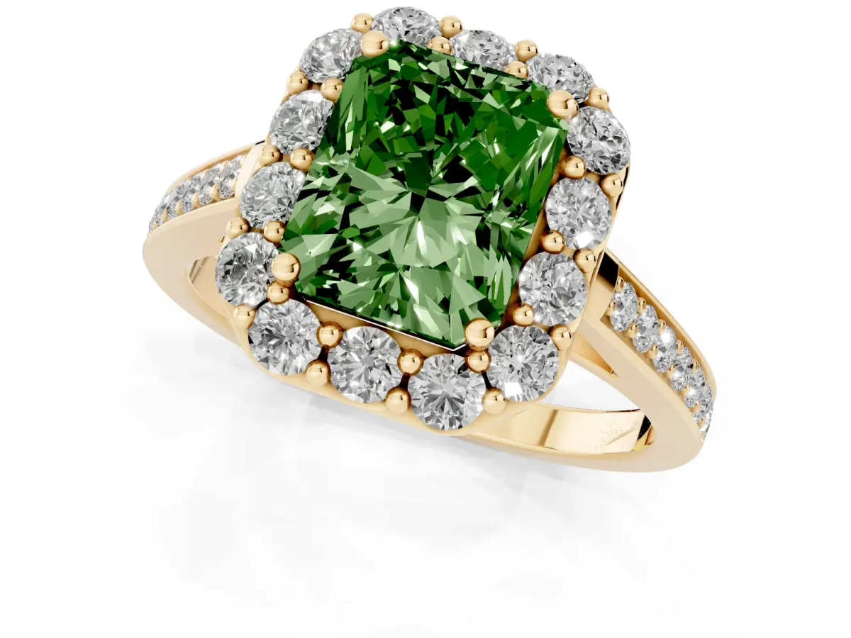 Fancy Green Radiant Cut Diamond Floral Halo Ring with Pavé Band and Prong Setting Yellow gold