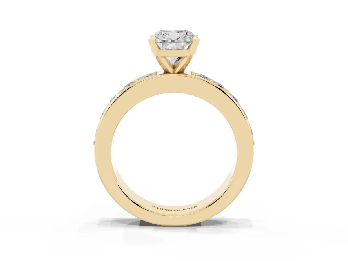 Cushion Cut Diamond Engagement Ring with Channel Set Round Band and Prong Setting Yellow gold