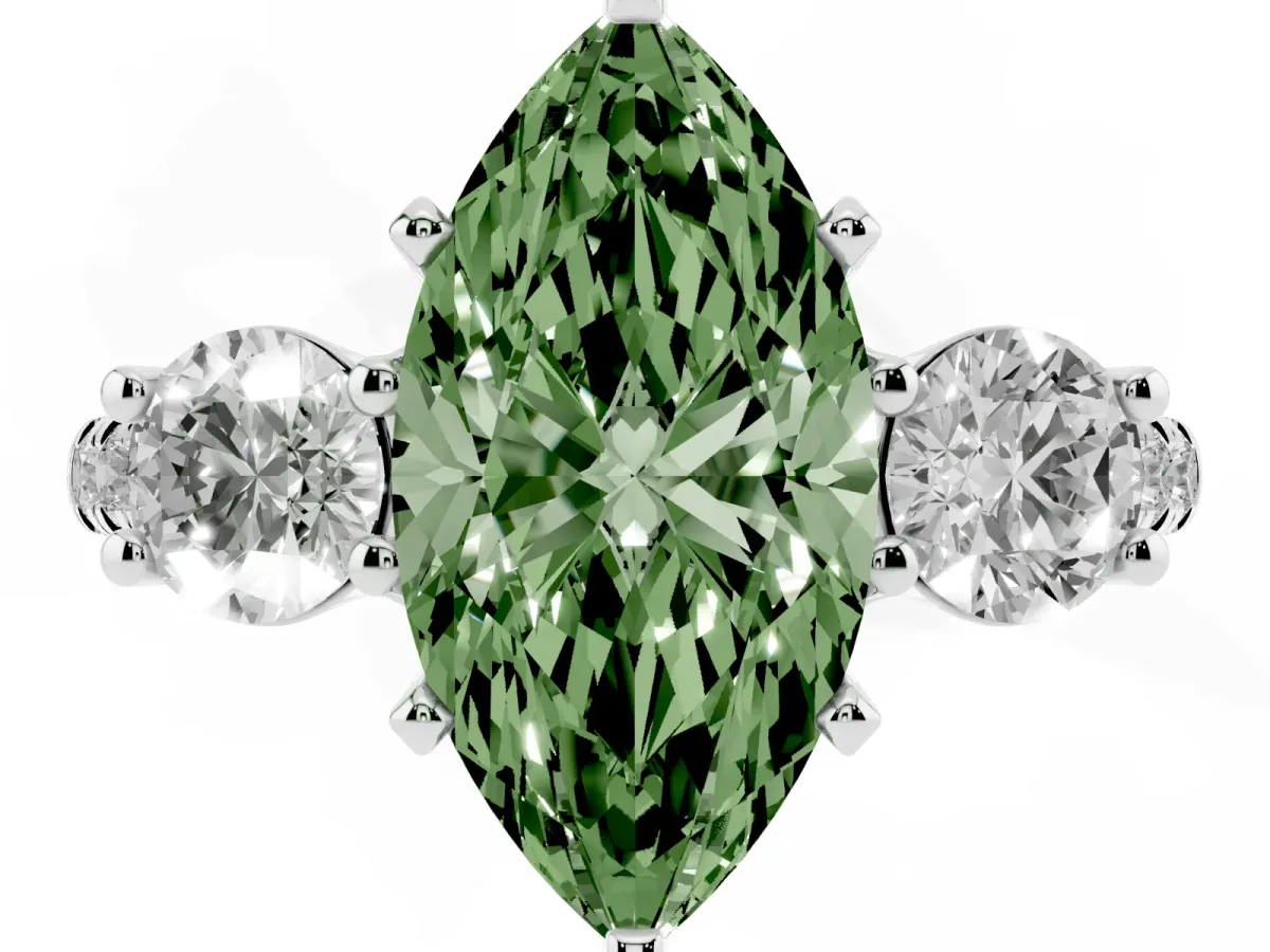 Fancy Green Three-Stone Marquise Cut Diamond Pavé Band with Four-Prong Setting Silver