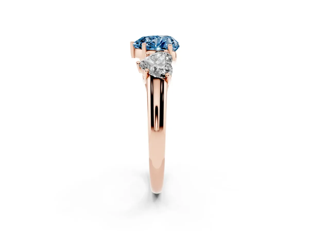 Fancy Blue Three-Stone Heart Cut Diamond Engagement Ring with Prong Setting Rose gold