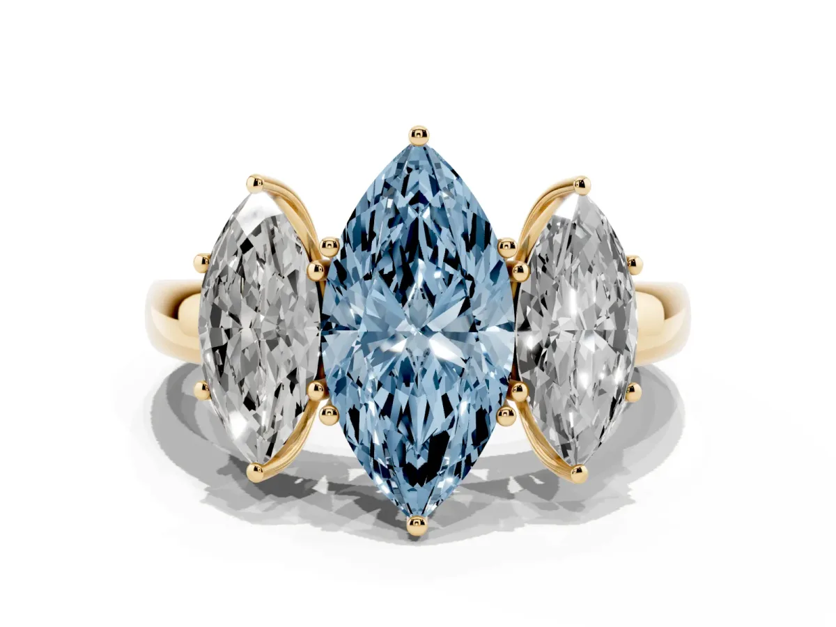 Fancy Blue Marquise Cut Diamond Three-Stone Ring with Four-Prong Setting and Classic Band Yellow gold