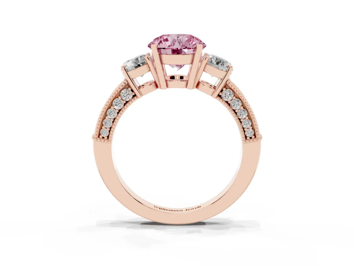 Fancy Pink Round Cut Three-Stone Diamond Ring with Pavé Band and Four-Prong Setting Rose gold