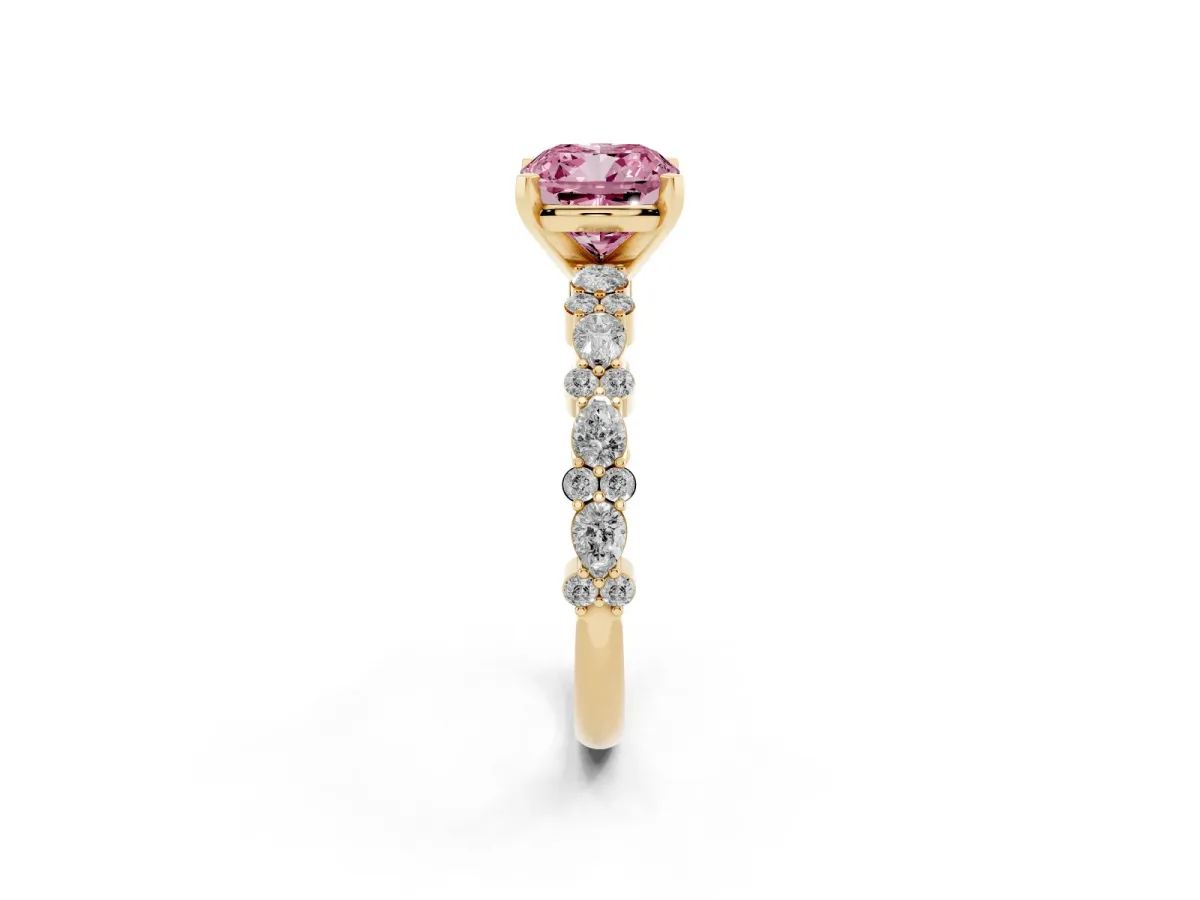 Fancy Pink Cushion Cut Diamond Side Stone Solitaire Ring with Round and Four-Prong Setting Yellow gold