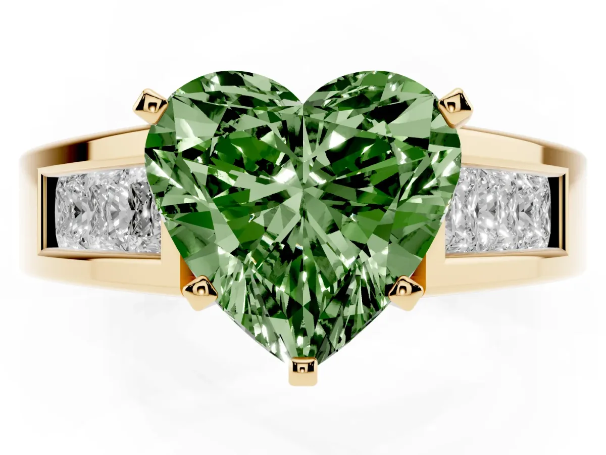Fancy Green Heart Cut Cut Channel Set Solitaire Ring with Four-Prong Setting Yellow gold
