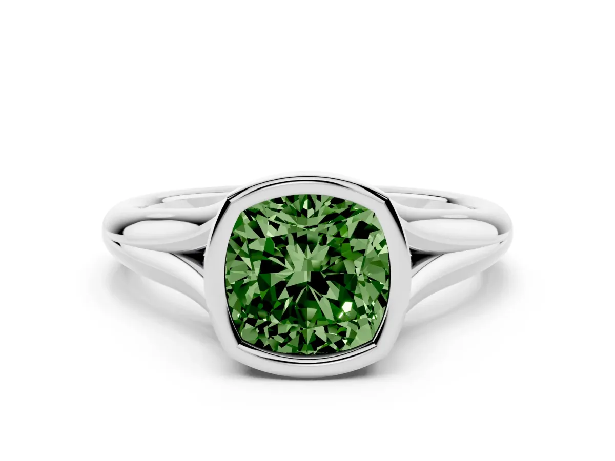 Fancy Green Bezel Set Cushion Cut Solitaire Diamond Ring with Smooth Band Platinum