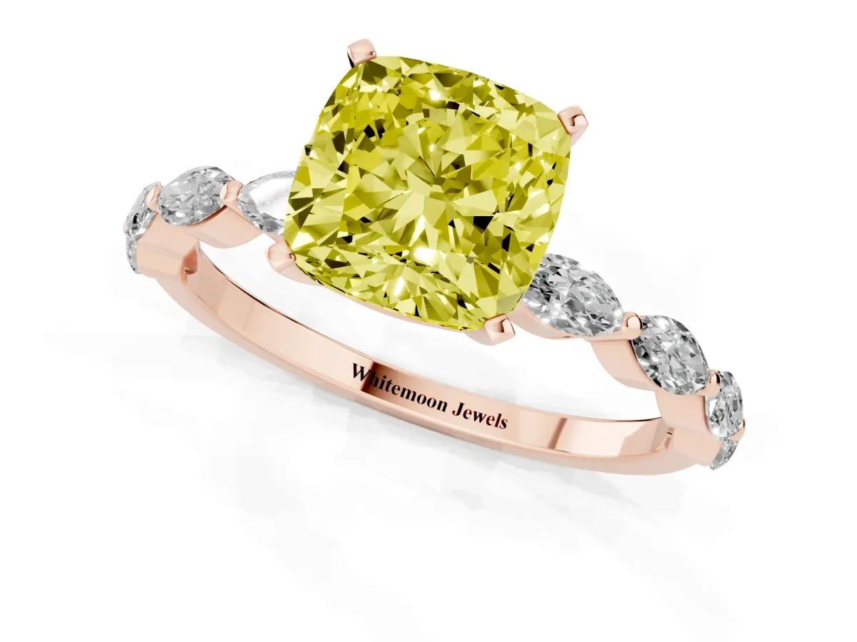 Fancy Yellow Cushion Cut Diamond Ring with Marquise Side Stones and Prong Setting Rose gold