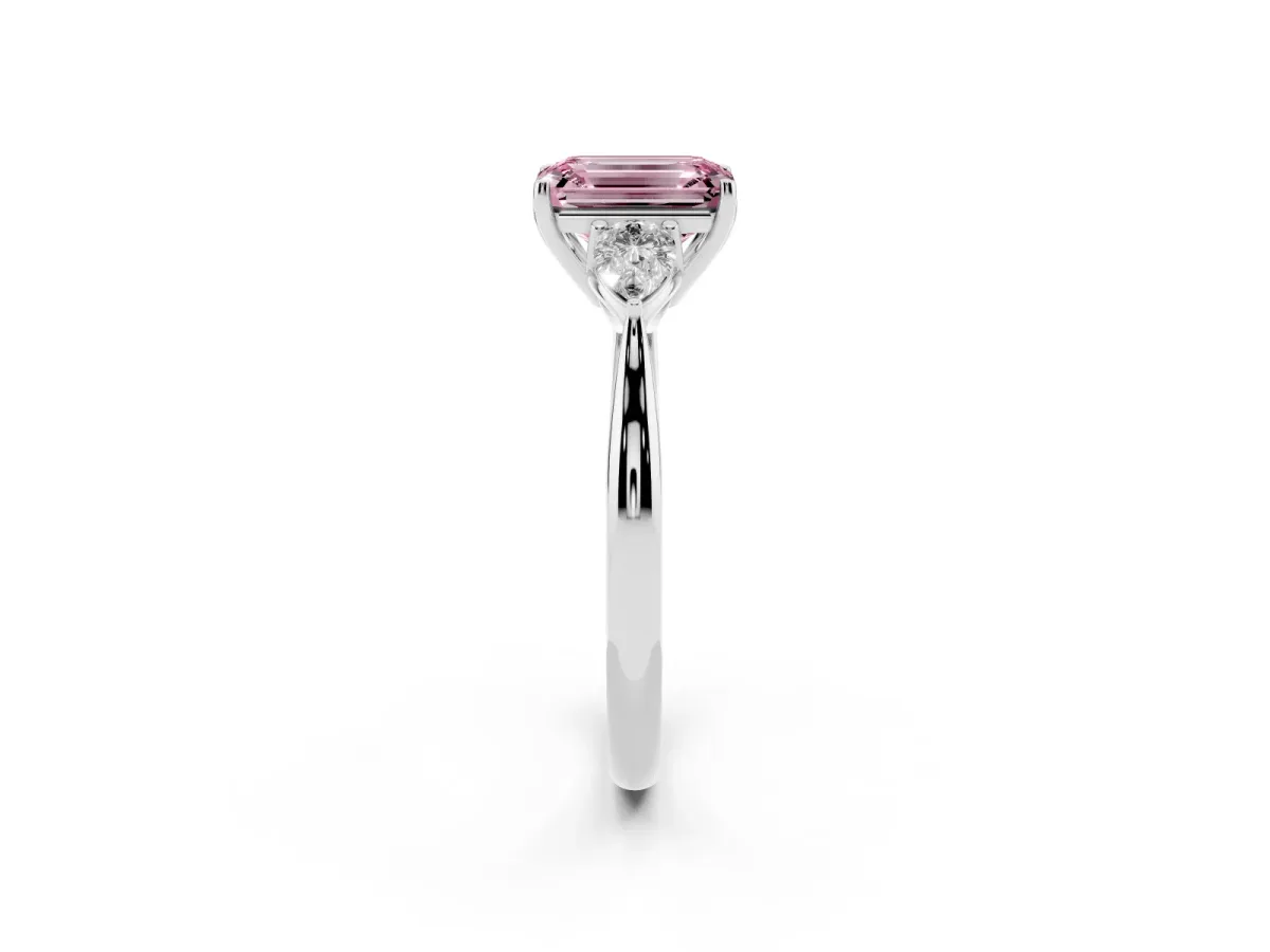 Fancy Pink Emerald Cut Diamond Three-Stone Ring with Pear Side Stones and Prong Setting Silver