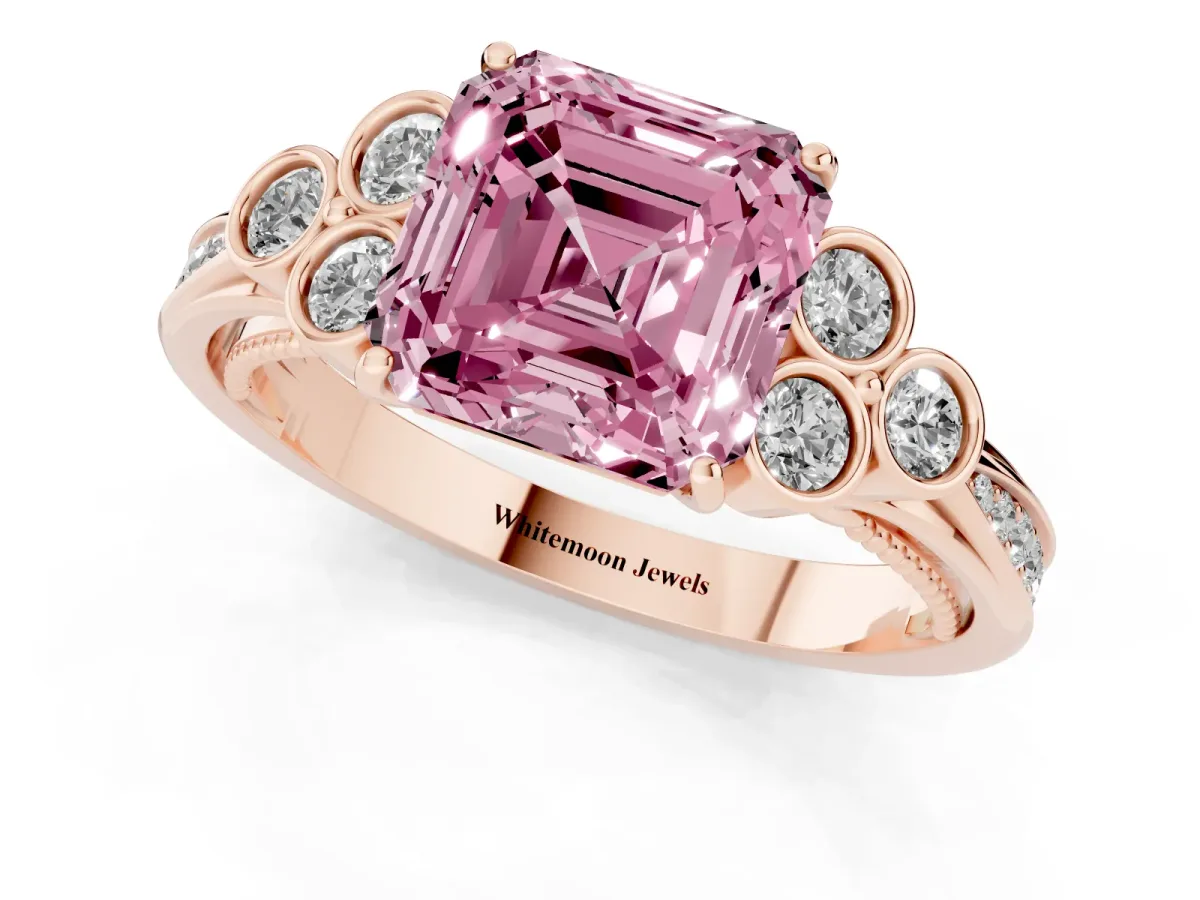 Fancy Pink Asscher Cut Cut Diamond Engagement Ring with Bezel Set Round Side Stones and Prong Setting Rose gold
