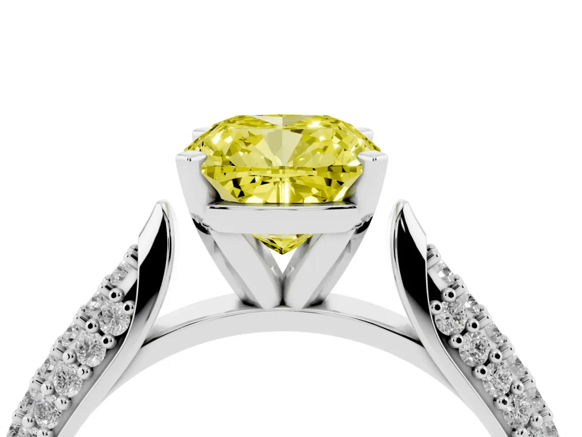 Fancy Yellow Cushion Cut Diamond Solitaire Engagement Ring with Multi-Row Round Pavé Band and Prong Setting Silver