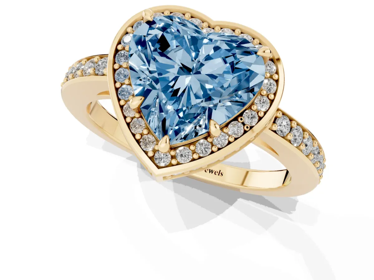 Fancy Blue Heart Cut Halo Pave Band Solitaire Ring with Prong Setting Yellow gold