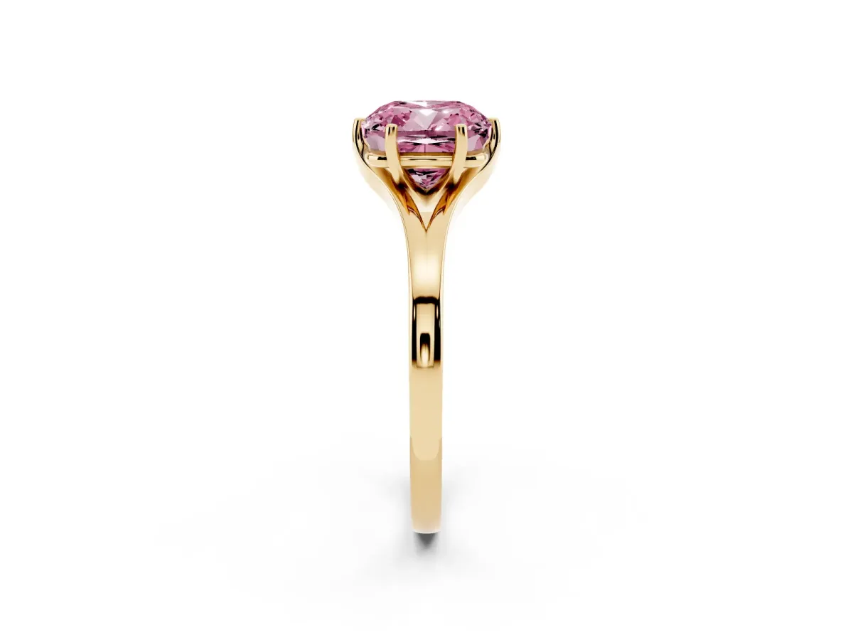 Fancy Pink Cushion Cut Solitaire Diamond Ring with Six-Prong Setting and Tapered Band Yellow gold