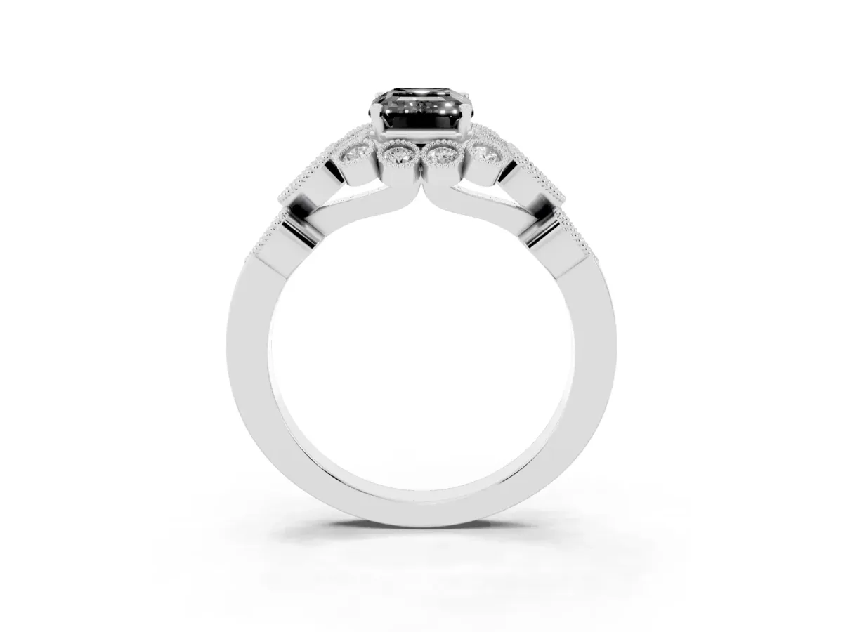 Fancy Black Emerald Cut Brilliant Milgrain Pave Heart Band Solitaire Ring Silver