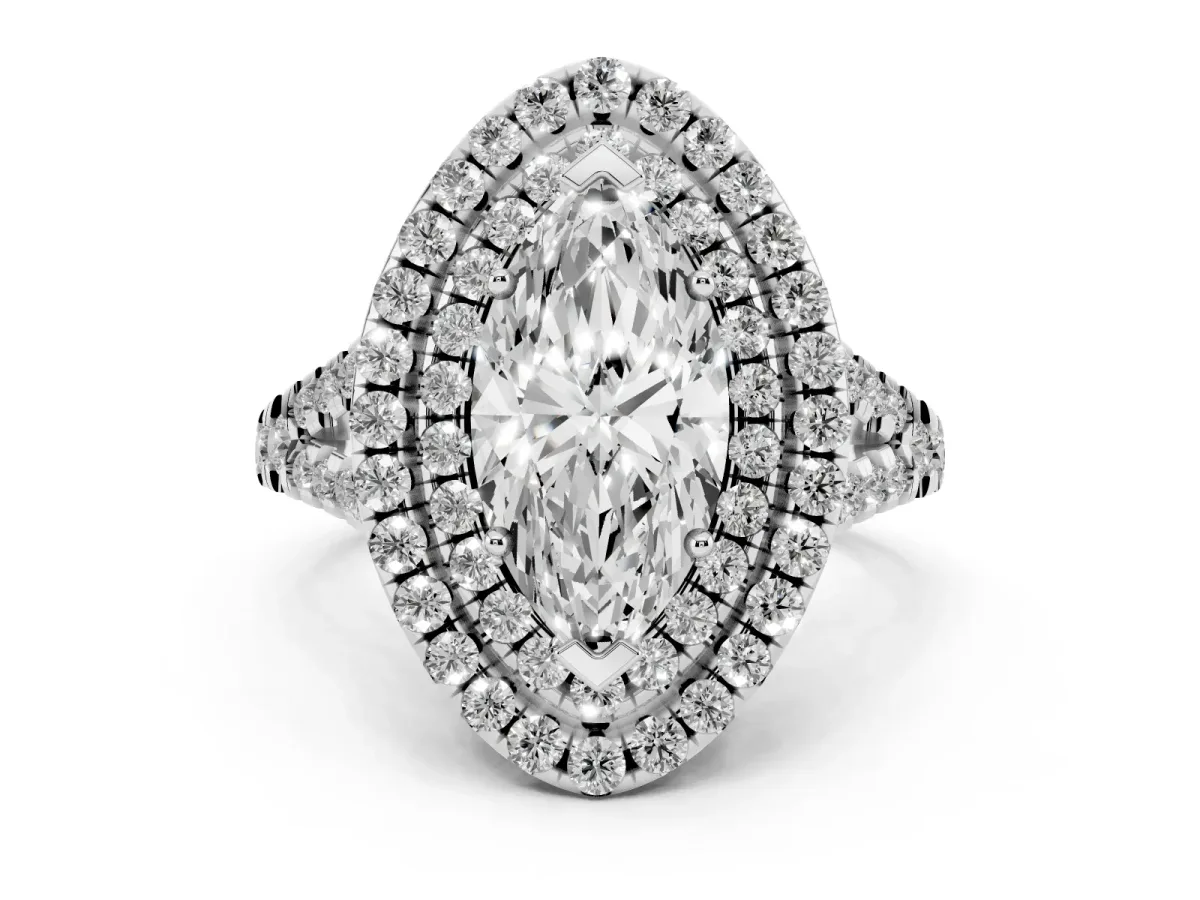 Double Halo Marquise Cut Diamond Pavé Split Shank Ring with Prong Setting Silver