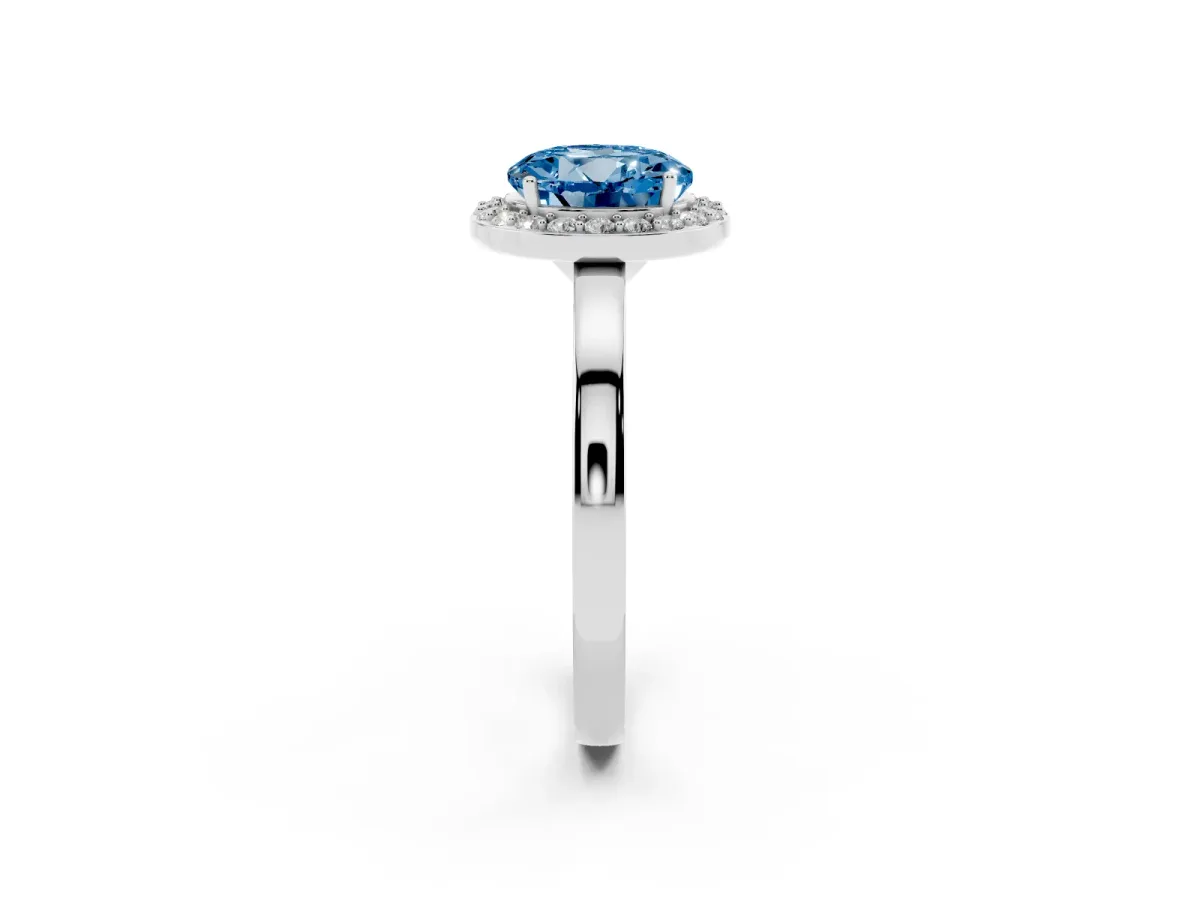 Fancy Blue Round Cut Halo Diamond Ring with Solitaire Band and Prong Setting Silver
