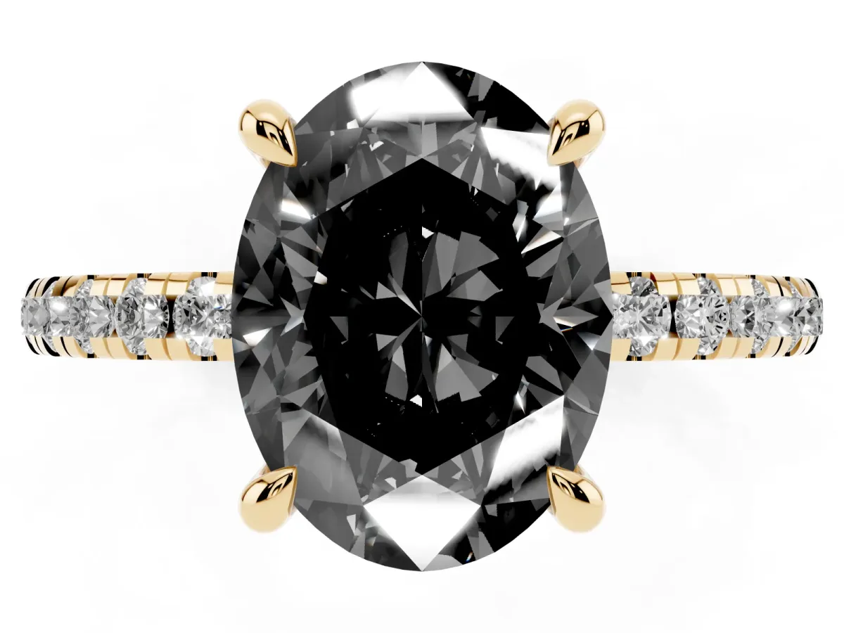 Fancy Black Oval Cut Diamond Brilliant Solitaire Ring with Pavé Band and Four-Prong Setting Yellow gold