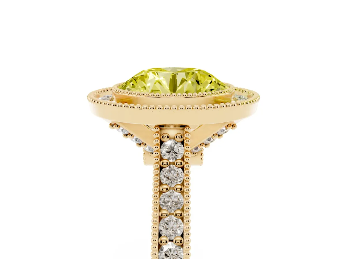 Fancy Yellow Halo Round Cut-Cut Diamond Pave Band Milgrain Prong Setting Ring Yellow gold