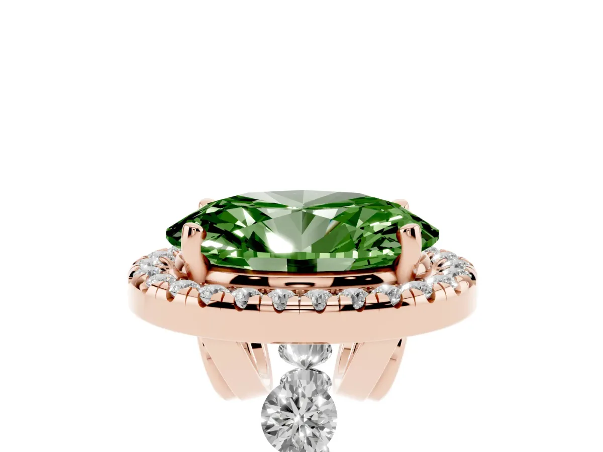 Fancy Green Oval Cut Halo Pavé Diamond Engagement Ring with Four-Prong Setting Rose gold