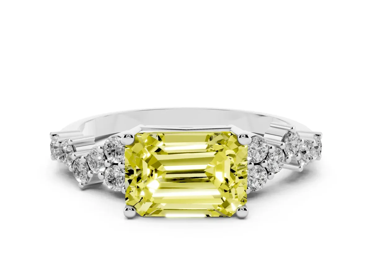 Fancy Yellow Emerald Cut Diamond Scattered Round Accent Ring with Prong Setting Silver