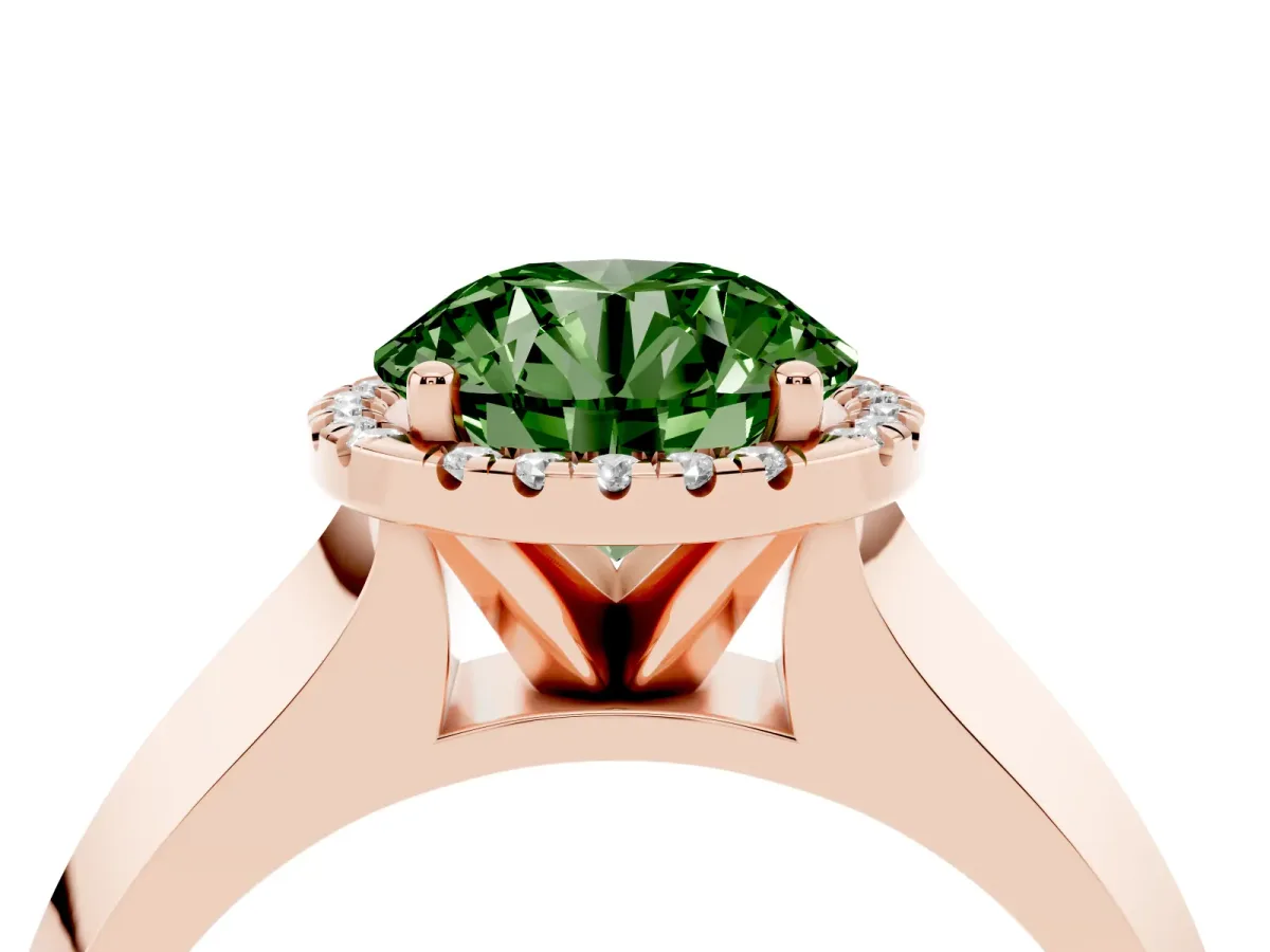 Fancy Green Round Cut Halo Diamond Ring with Cathedral Band and Four-Prong Setting Rose gold
