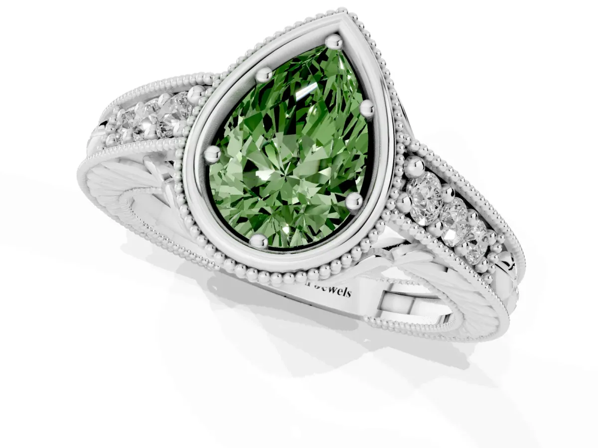 Fancy Green Bezel Set Pear Cut Diamond Milgrain Pave Engagement Ring Platinum