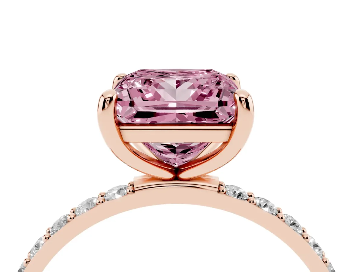 Fancy Pink Princess Cut Diamond Solitaire Ring with Round Pavé Band and Prong Setting Rose gold