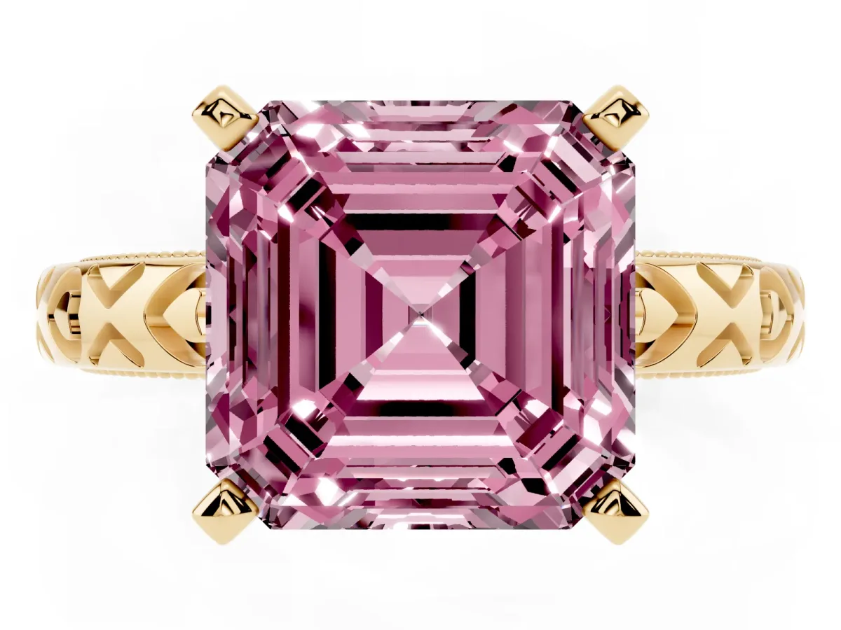 Fancy Pink Asscher Cut Solitaire Diamond Engagement Ring with XO Engraved Band and Four-Prong Setting Yellow gold