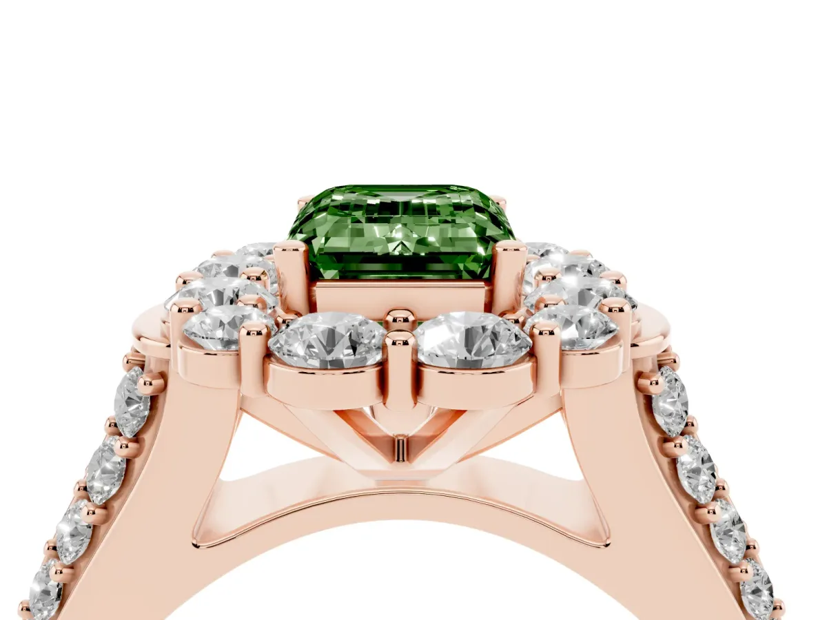 Fancy Green Emerald Cut Halo Diamond Engagement Ring with Split Shank and Prong Setting Rose gold