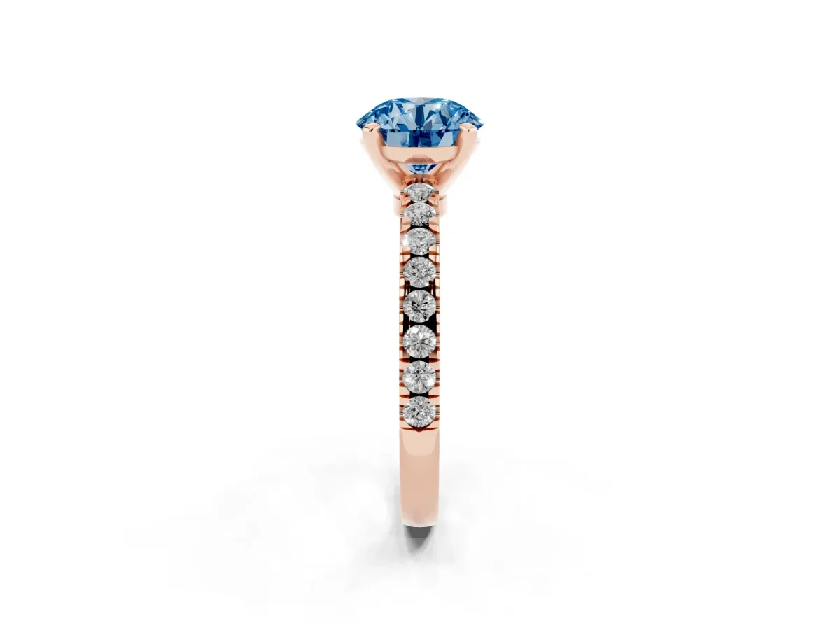 Fancy Blue Round Cut Solitaire Diamond with Pavé Band and Four-Prong Setting Rose gold