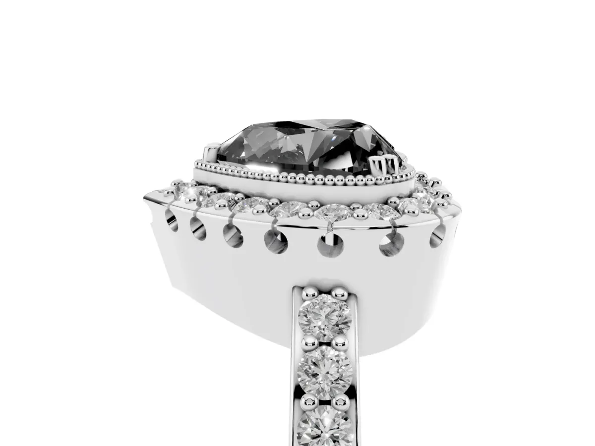 Fancy Black Heart Cut Diamond Halo Ring with Pavé Band and Prong Setting Silver