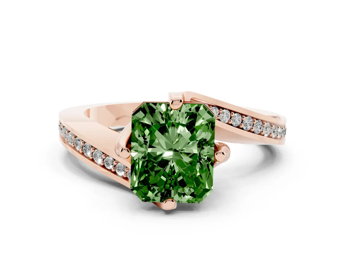 Fancy Green Radiant Cut Solitaire Diamond Twist Band with Pavé Setting and Four-Prong Setting Rose gold