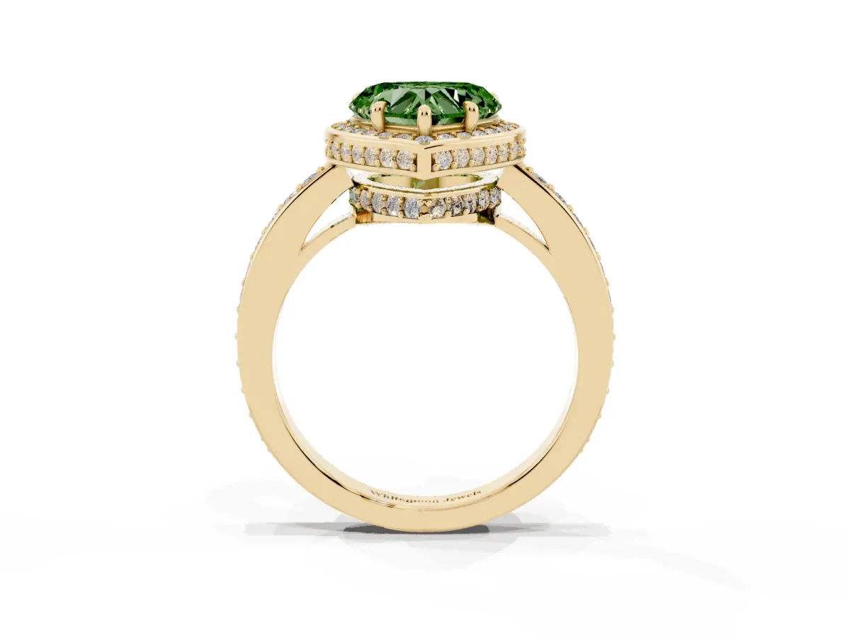 Fancy Green Heart Cut Halo Pave Band Solitaire Ring with Prong Setting Yellow gold
