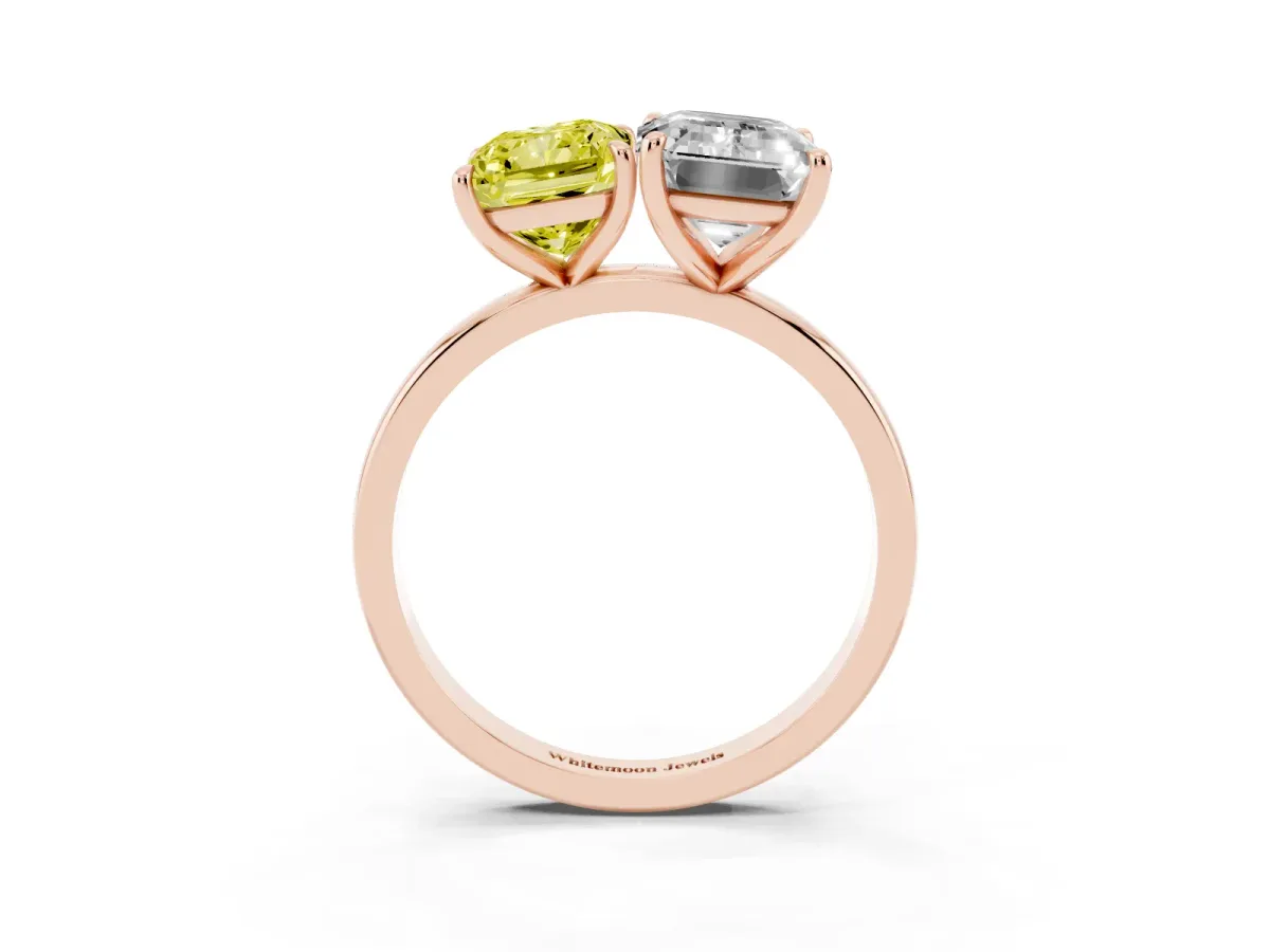 Fancy Yellow Radiant Cut and Emerald Cut Toi Moi Ring with Prong Setting Rose gold