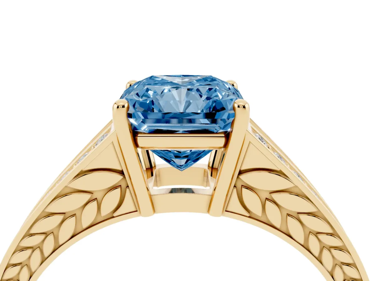 Fancy Blue Radiant Cut Diamond Split Shank Ring with Pavé Band and Four-Prong Setting Yellow gold
