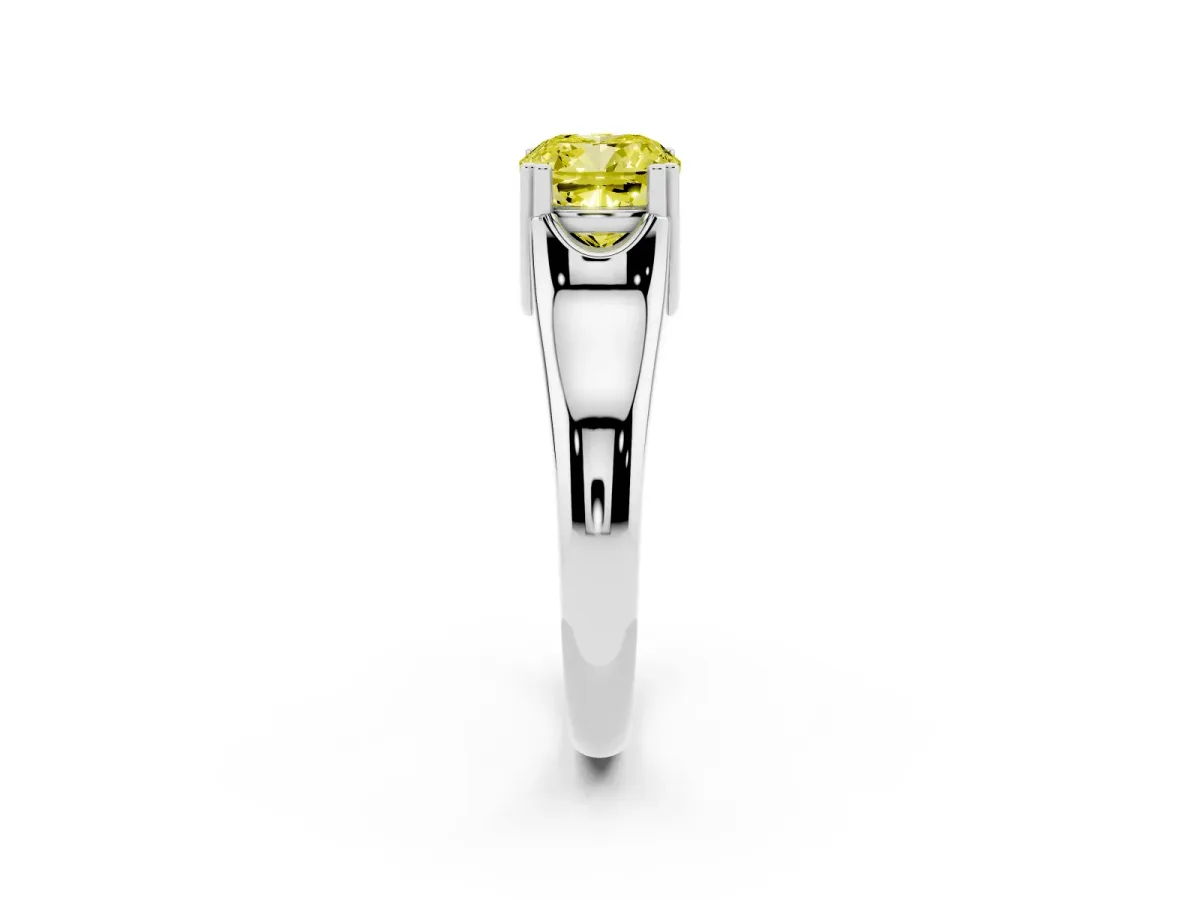 Fancy Yellow Cushion Cut Diamond Solitaire Ring with Wide Band and Prong Setting Silver