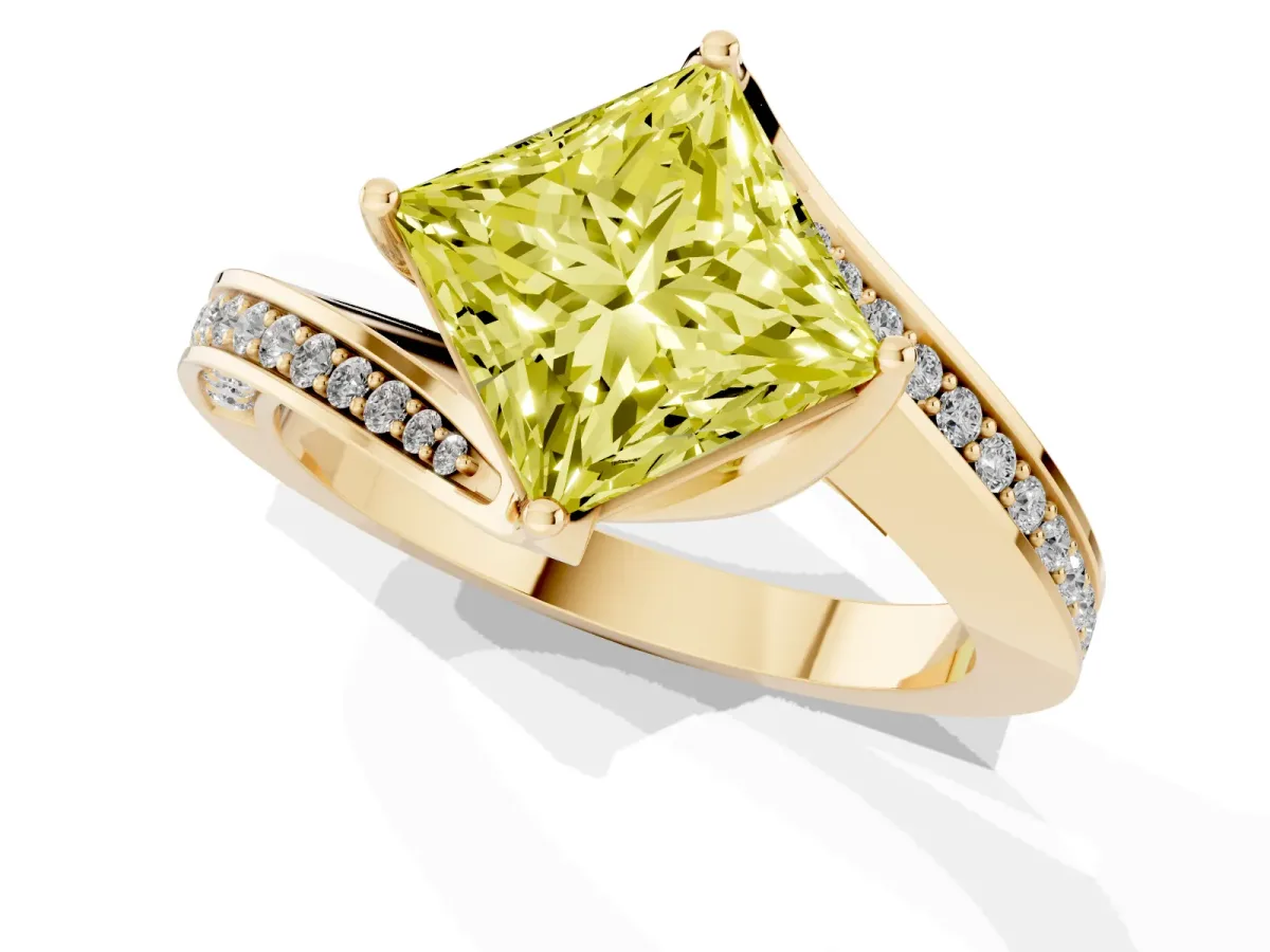 Fancy Yellow Princess Cut Solitaire Diamond Twist Band with Pavé Setting and Four-Prong Setting Yellow gold