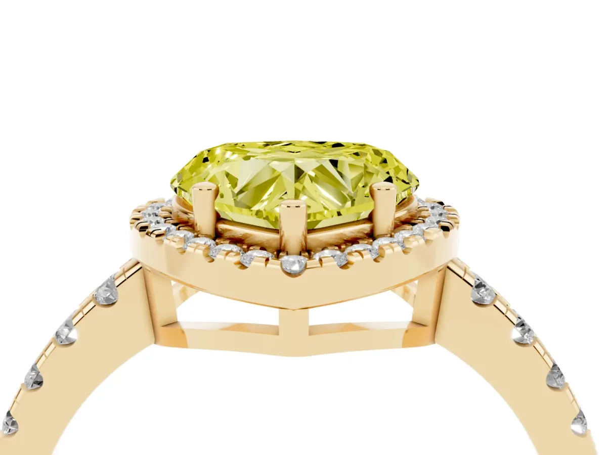 Fancy Yellow Heart Cut Diamond Halo Ring with Pavé Band and Four-Prong Setting Yellow gold