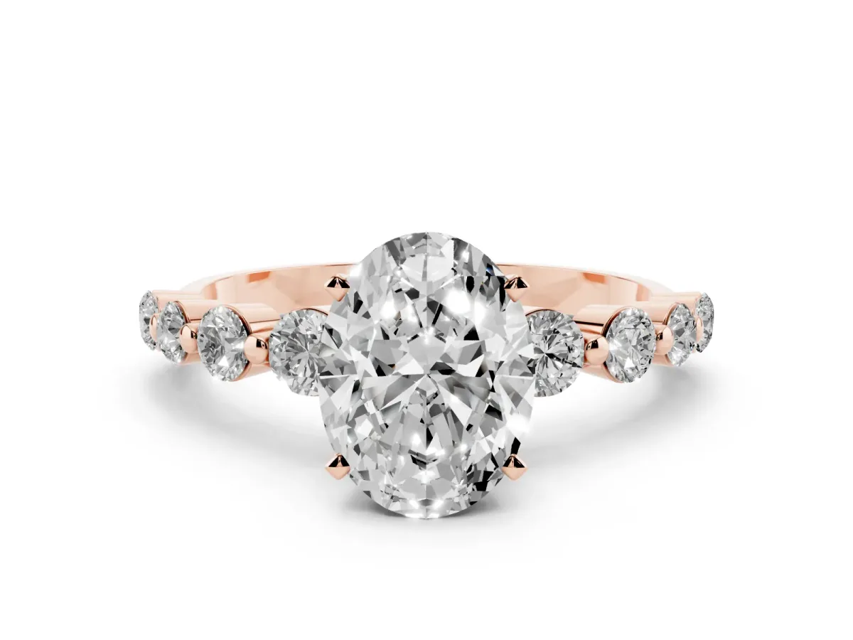 Oval Cut Solitaire Diamond Ring with Pave Band and Four-Prong Setting Rose gold