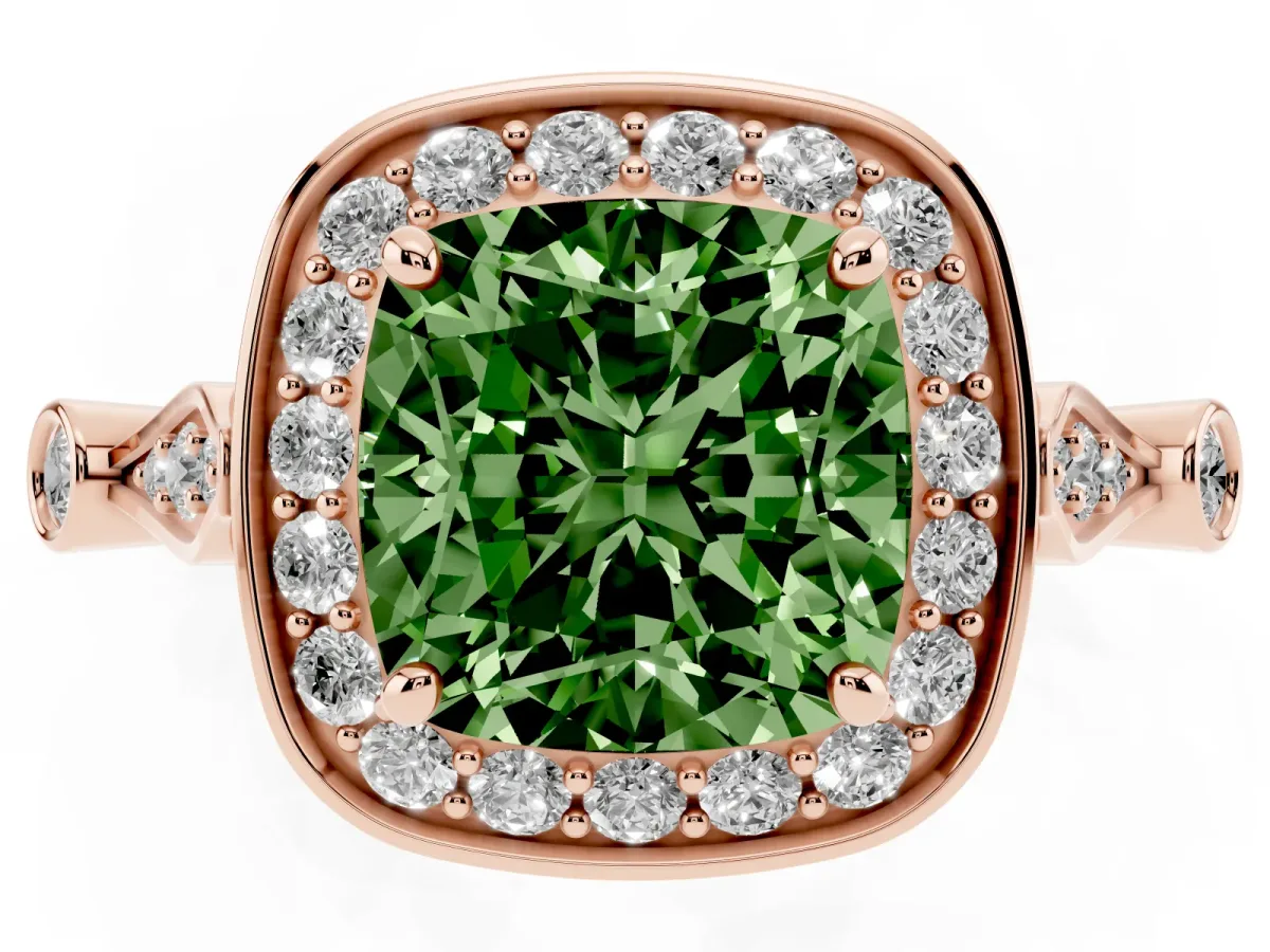 Fancy Green Cushion Cut Halo Diamond Engagement Ring with Twisted Band and Four-Prong Setting Rose gold