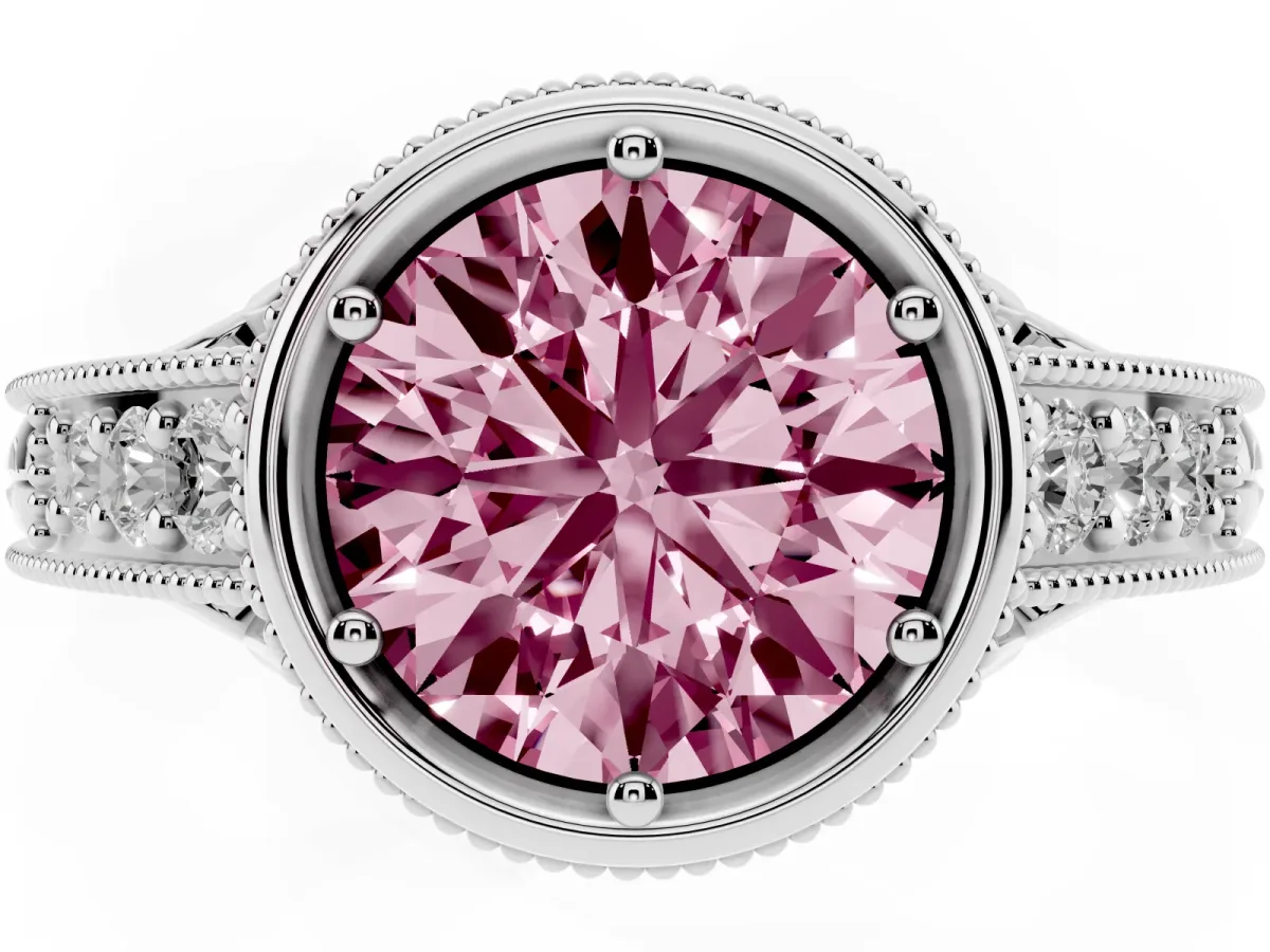 Fancy Pink Bezel Set Round Cut Diamond Milgrain Pave Engagement Ring Silver