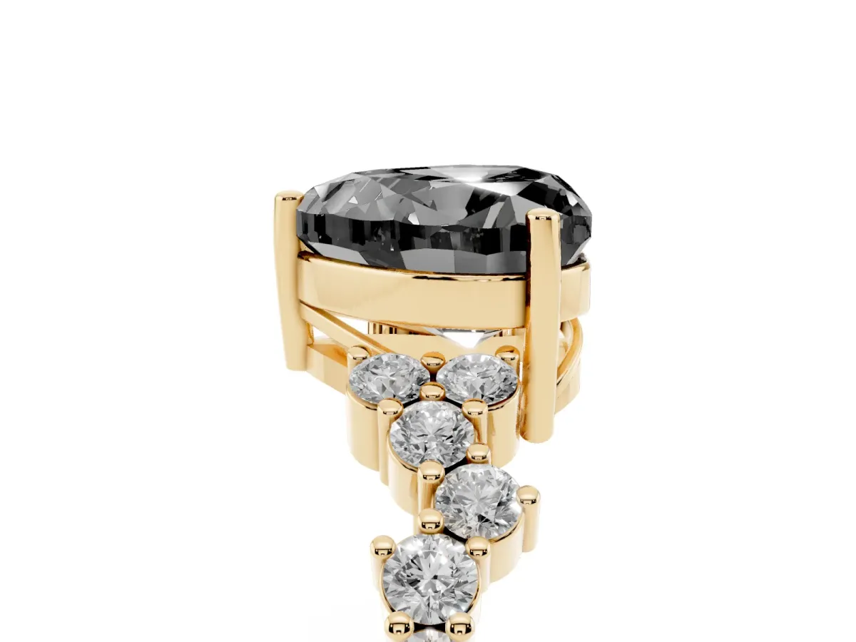 Fancy Black Heart Cut Diamond Scattered Round Accent Ring with Prong Setting Yellow gold