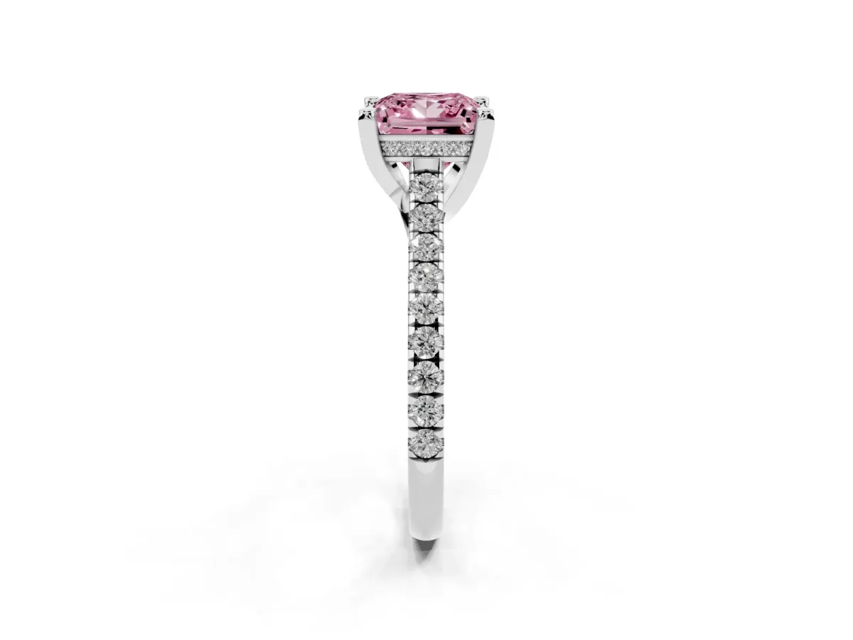 Fancy Pink Princess Cut Brilliant Diamond Solitaire with Pavé Band and Four-Prong Setting Silver