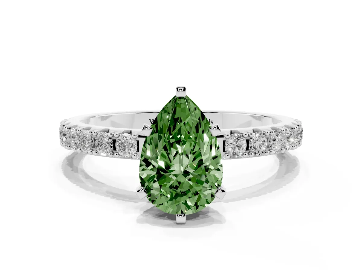 Fancy Green Pear Cut Diamond Solitaire Pavé Band with Four-Prong Setting Silver
