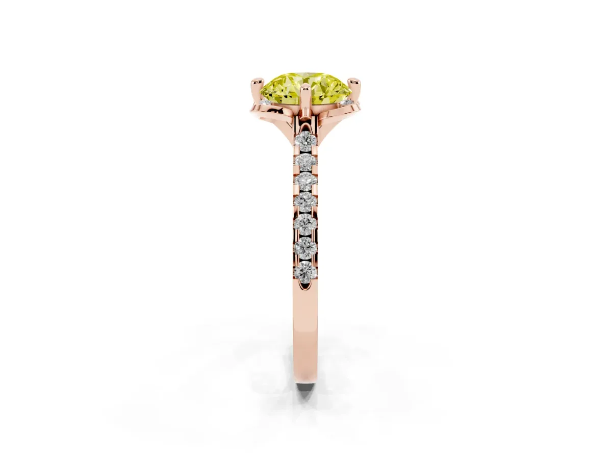 Fancy Yellow Round Cut Diamond Ring with Pavé Band and Floral Prong Setting Rose gold