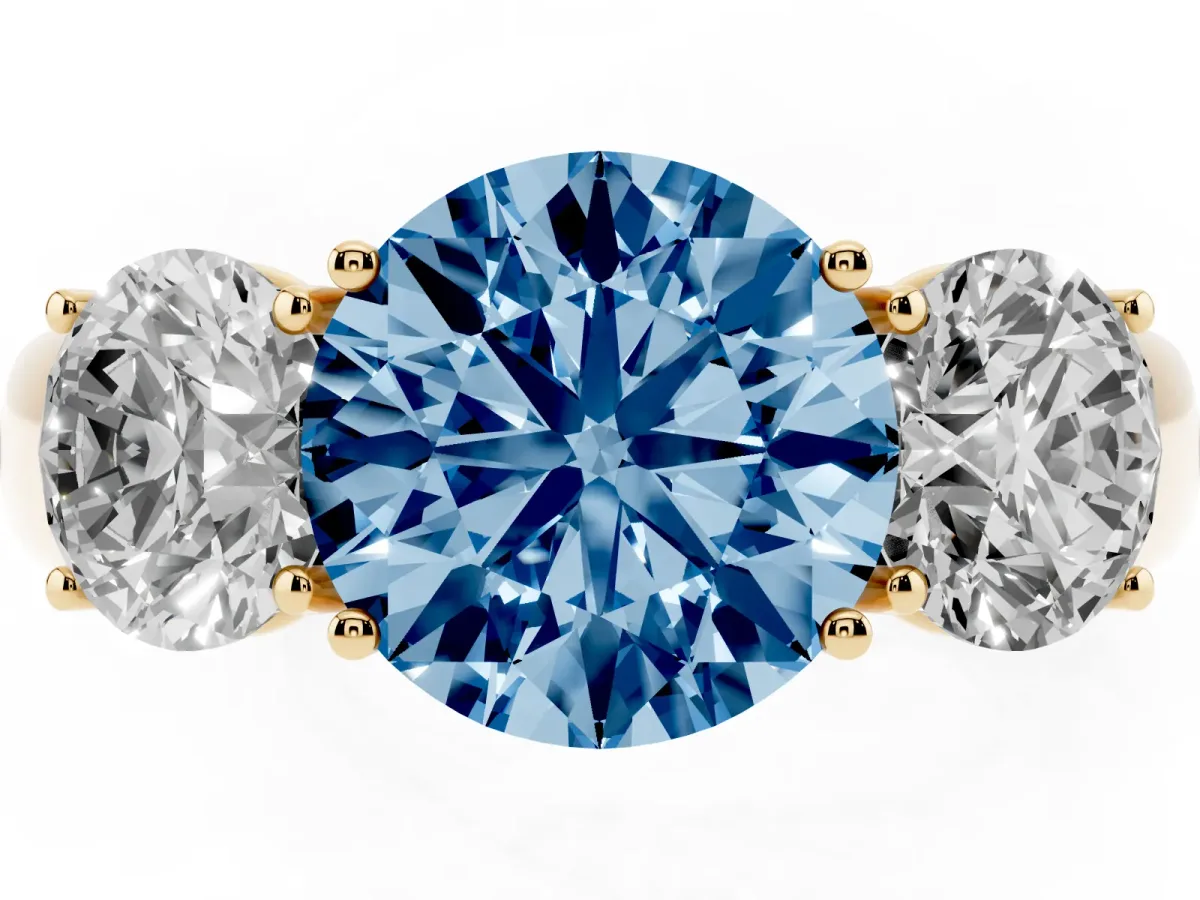 Fancy Blue Three-Stone Round Cut Cut Diamond Ring with Prong Setting and Classic Band Yellow gold