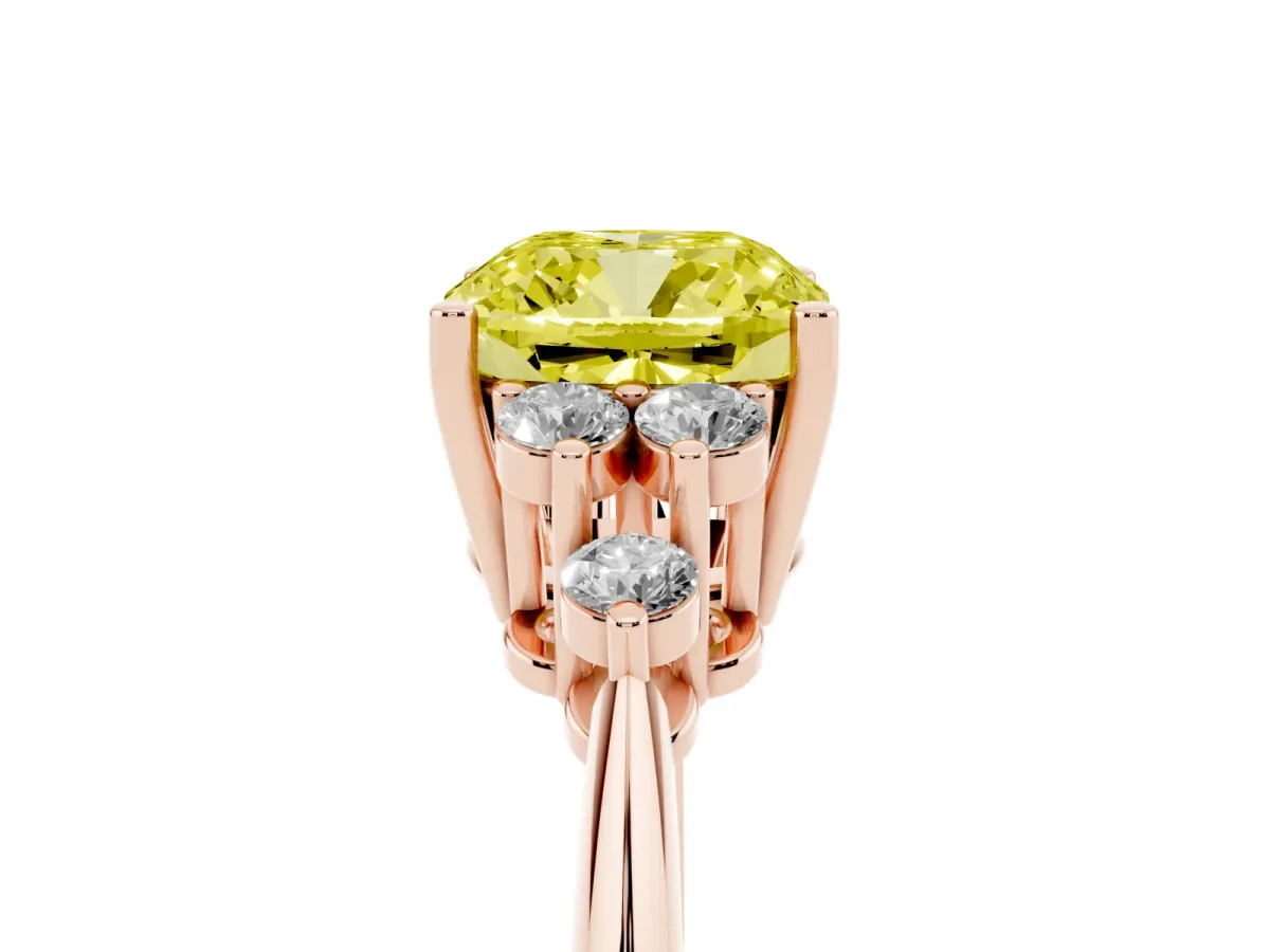 Fancy Yellow Cushion Cut Cut Diamond Cluster Ring with Solitaire Band and Four-Prong Setting Rose gold