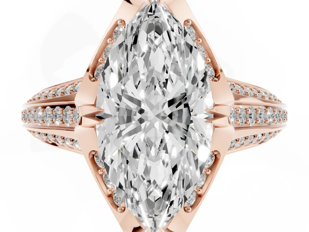 Marquise Cut Solitaire Pave Split Shank Ring with Four-Prong Setting Rose gold