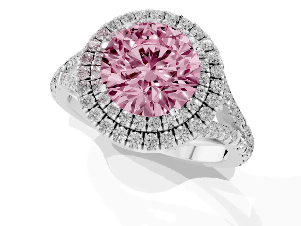 Fancy Pink Double Halo Round Cut Diamond Split Shank Engagement Ring with Four-Prong Setting Silver