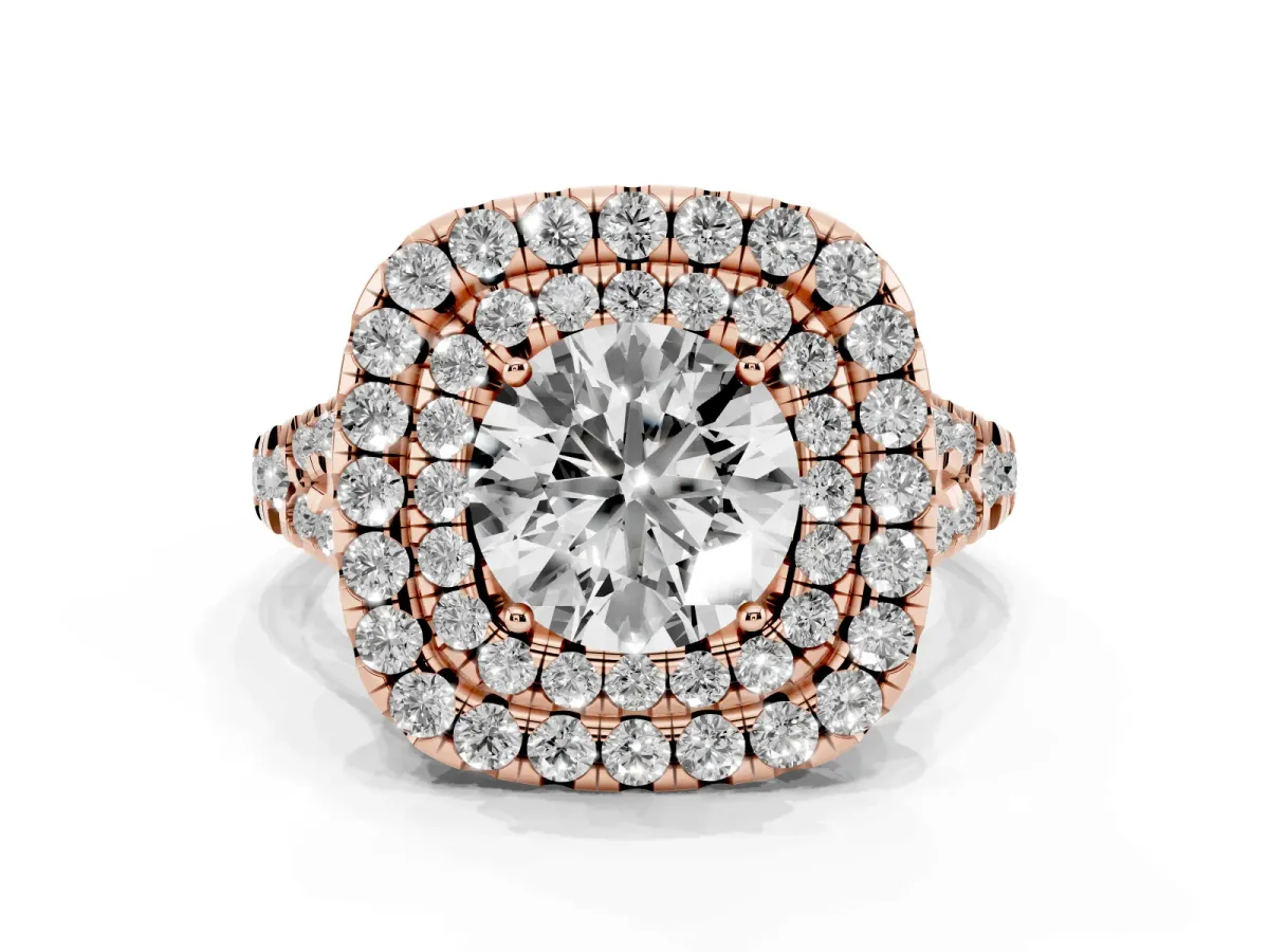 Double Halo Round Cut Diamond Pavé Split Shank Ring with Prong Setting Rose gold